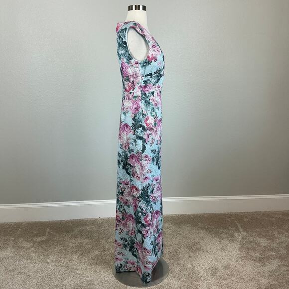 Adrianna Papell Blue Metallic Floral Evening Gown Formal Dress Women’s Size 6 - Picture 3 of 14